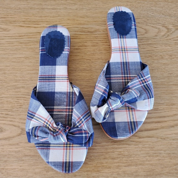 J. Crew Shoes - J.Crew Navy Madras Plaid Bows Wedge Sandals 7